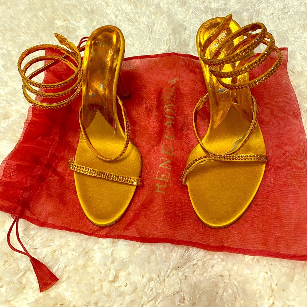 RENE CAOVILLA rare jeweled snake ankle wrap heels with dust bag.